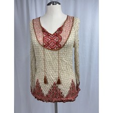 Lucky Brand Women's Tan Red Boho Long Sleeve Sheer Blouse Size L