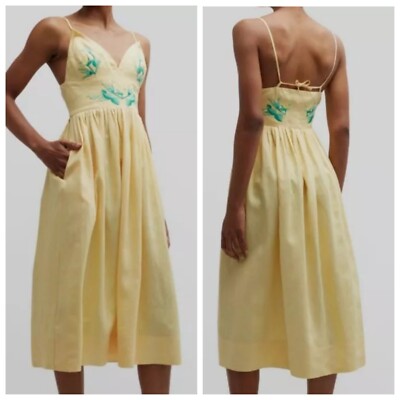 $415 FANM MON Emilie Pleated Linen Midi Dress Medium Texas Yellow Rose Strappy