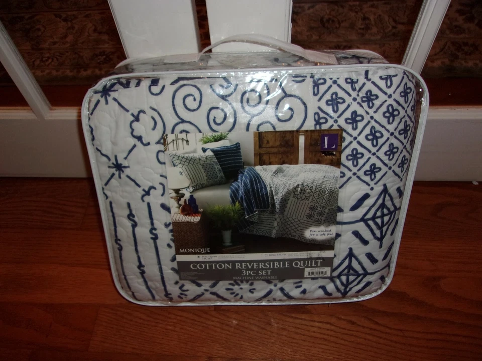 Nuevo Juego de 3 edredones y fundas exuberantes decoración Monique azul blanco patrón artístico completo/reina Foto 3 de 4