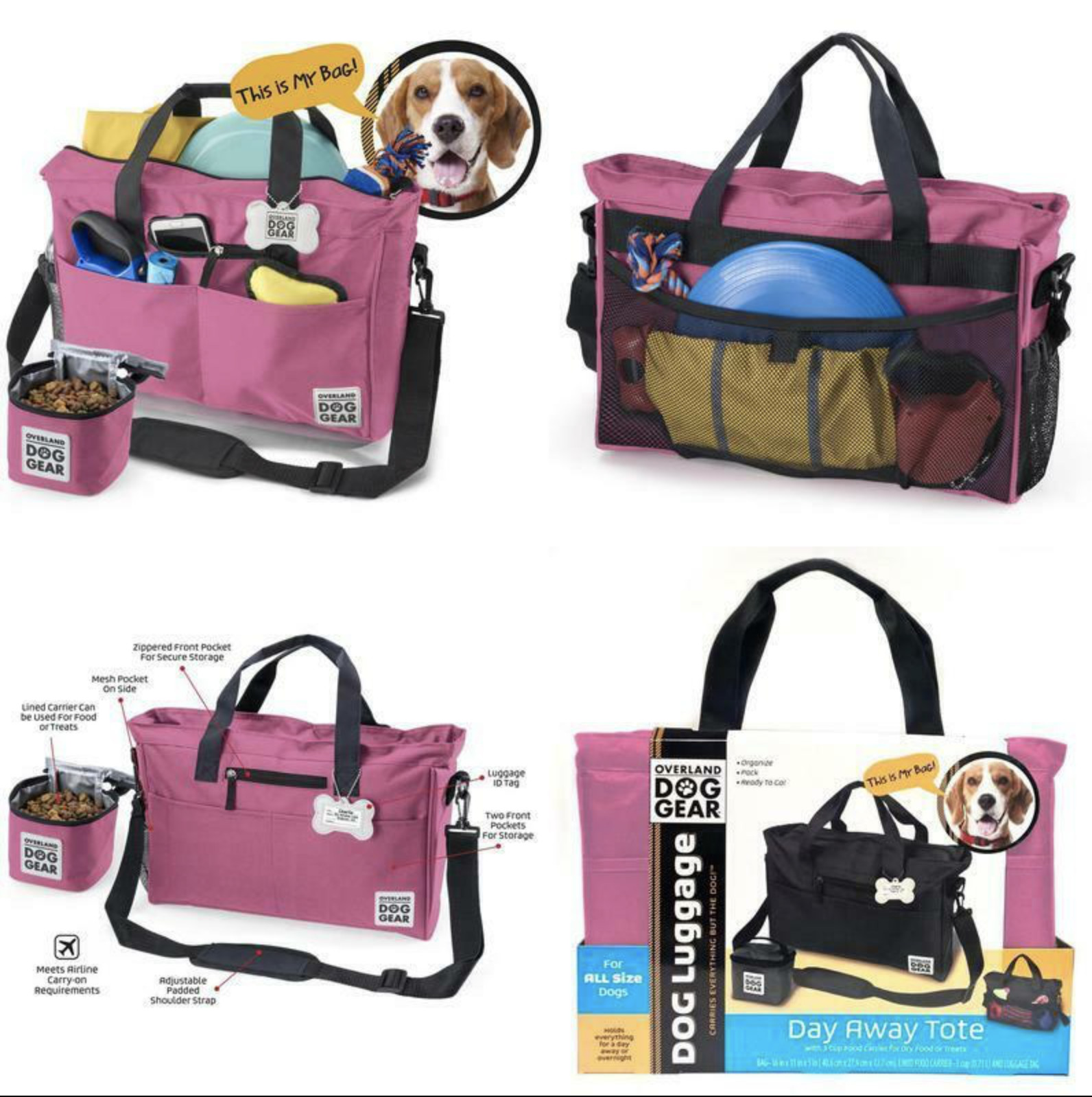 ~day Away Tote For Pets ~ Travel Bag Pink + 3 Cup Food Bowl!