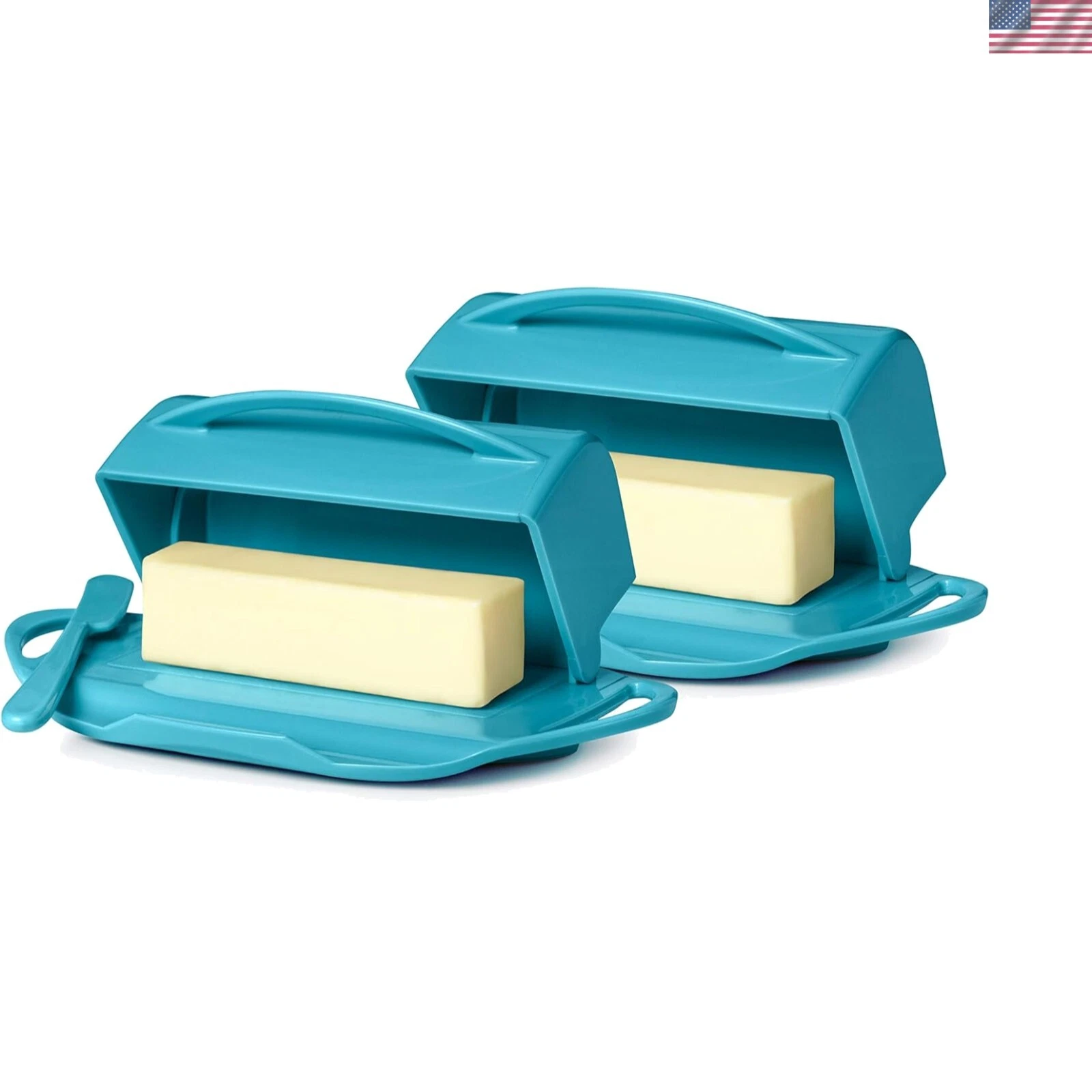 Aqua Flip-Top Butter Dish with Matching Spreader, 2-Pack - Dishwasher Safe