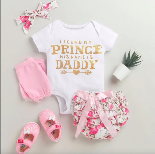 Girls Pink Text Print bodysuit and Shorts Set with Headband - Picture 1 of 1