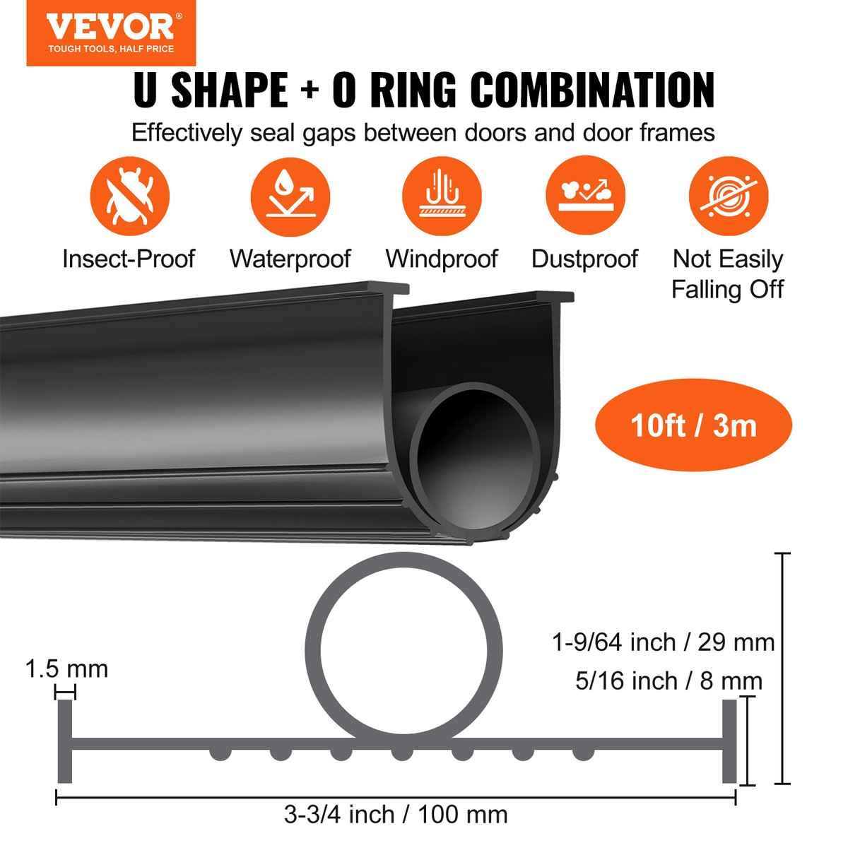 Joint D'étanchéité VEVOR 3m Pour Porte De Garage - Bande Caoutchouc Noir 100mm, Forme U+O, Neuf
