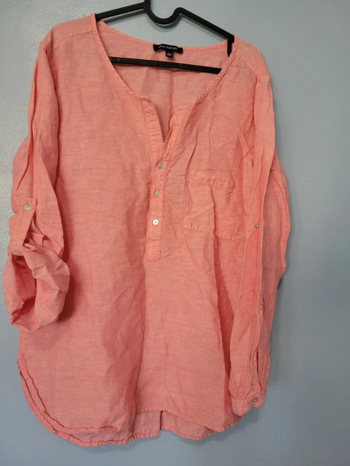 Top túnica para mujer Max Edition manga enrollable mezcla de lino grande rosa Foto 4 de 4