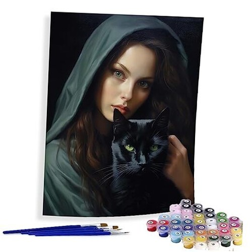 Paint by Numbers for Adults Girl, DIY Oil Painting Cat Acrylic Paint by