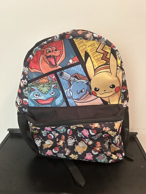 Pokemon Kanto Kids Black Backpack Charizard Starters 2 Zip 16'' Water Pouches