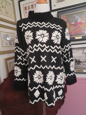 VTG Michael Simon Tunic Length Black Sweater SNOWFLAKES Ramie/Cotton Size P/M