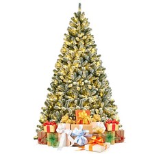 8' Pre-lit Snow Flocked Hinged Christmas Tree w/1502 Tips  Metal Stand