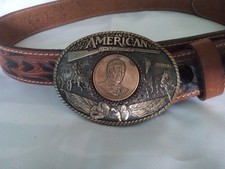 John Wayne Solid Brass Belt Buckle W/ Size 38 Leather Belt Made In USA