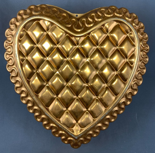 Vintage Copper Quilted Heart-Shaped Hangable Jello Mold 10 1/2" Diameter