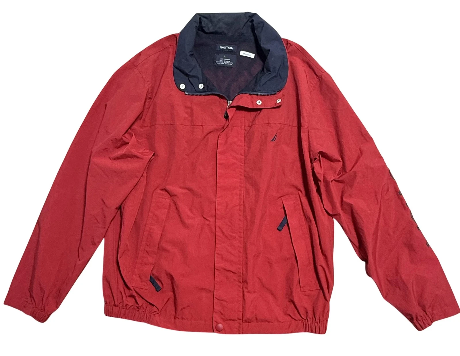 Nautica Jacket Mens Large Red Windbreaker Spell Out Sleeve Mesh Lined Full Zip