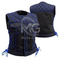 Women Motorbike Leather Vest Biker Club Waistcoat Adjustable Vests Blue