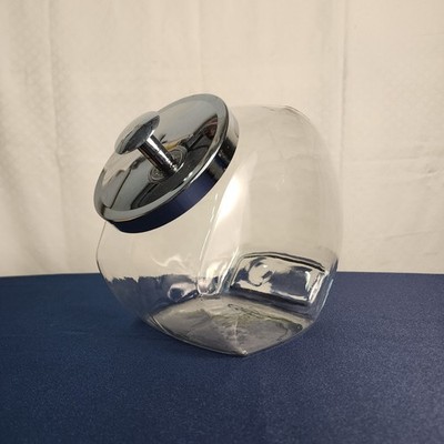 Vtg Lrg General Store Penny Candy Jar Canister Slanted Clear Glass Metal Lid