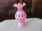 Vintage Fenton Pink / Cranberry / White Glass Coin Dot 6 1/2” Ruffled Vase