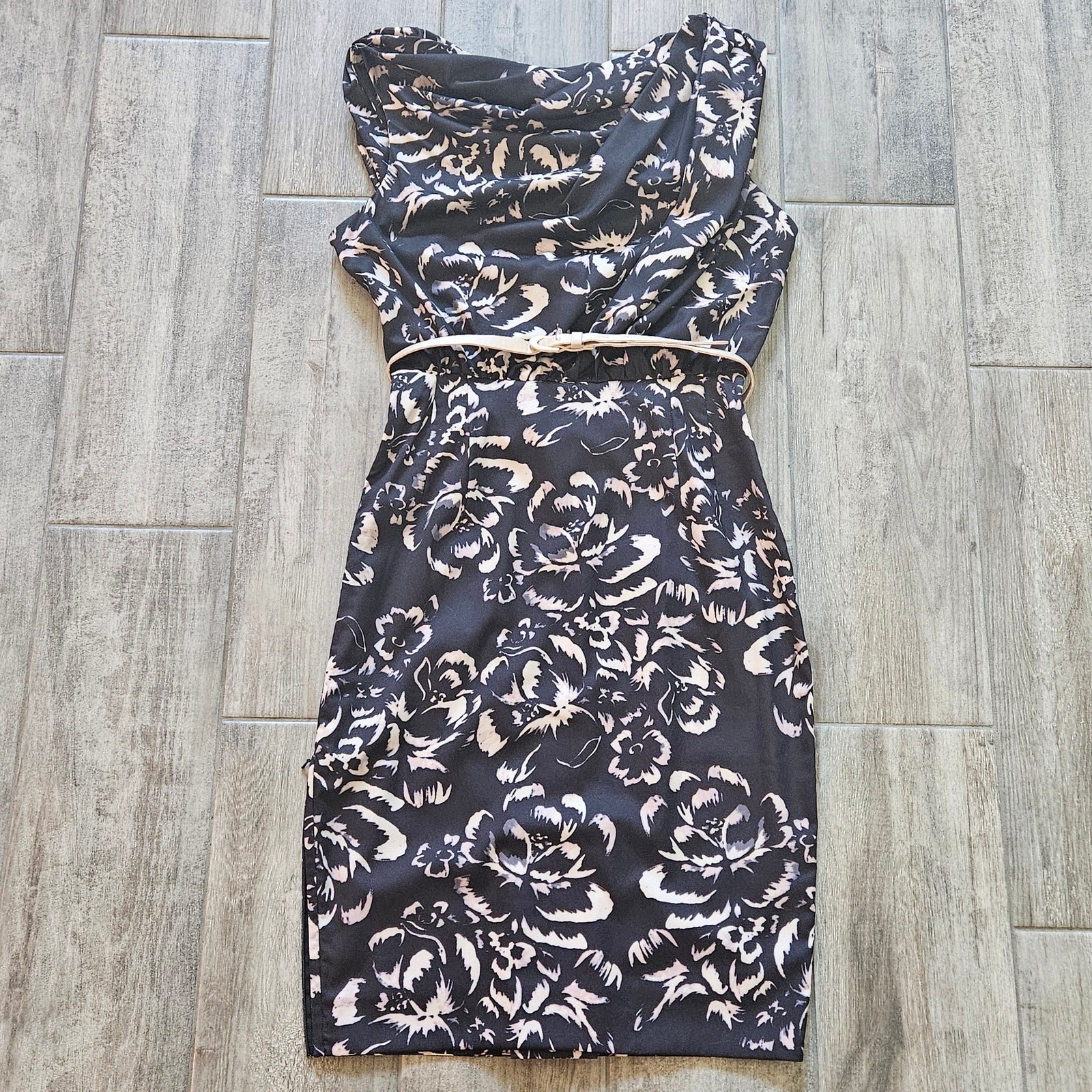 Byron Lars Beauty Mark Dress Womens Size 8 Black Floral Print Belted Sheath