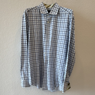Neiman Marcus Men's M Regular Fit Cotton Blue/White Check Dress Shirt, L/S