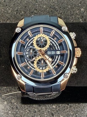 BIBI Luxury Watch Men's Chronograph Rose Gold and Navy Blue Stainless Steel Spor