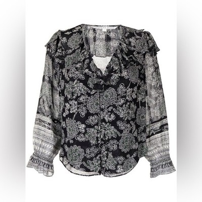 Veronica Beard Silk Ruffle Sleeve Floral Blouse in Black Green Multi Size Small.