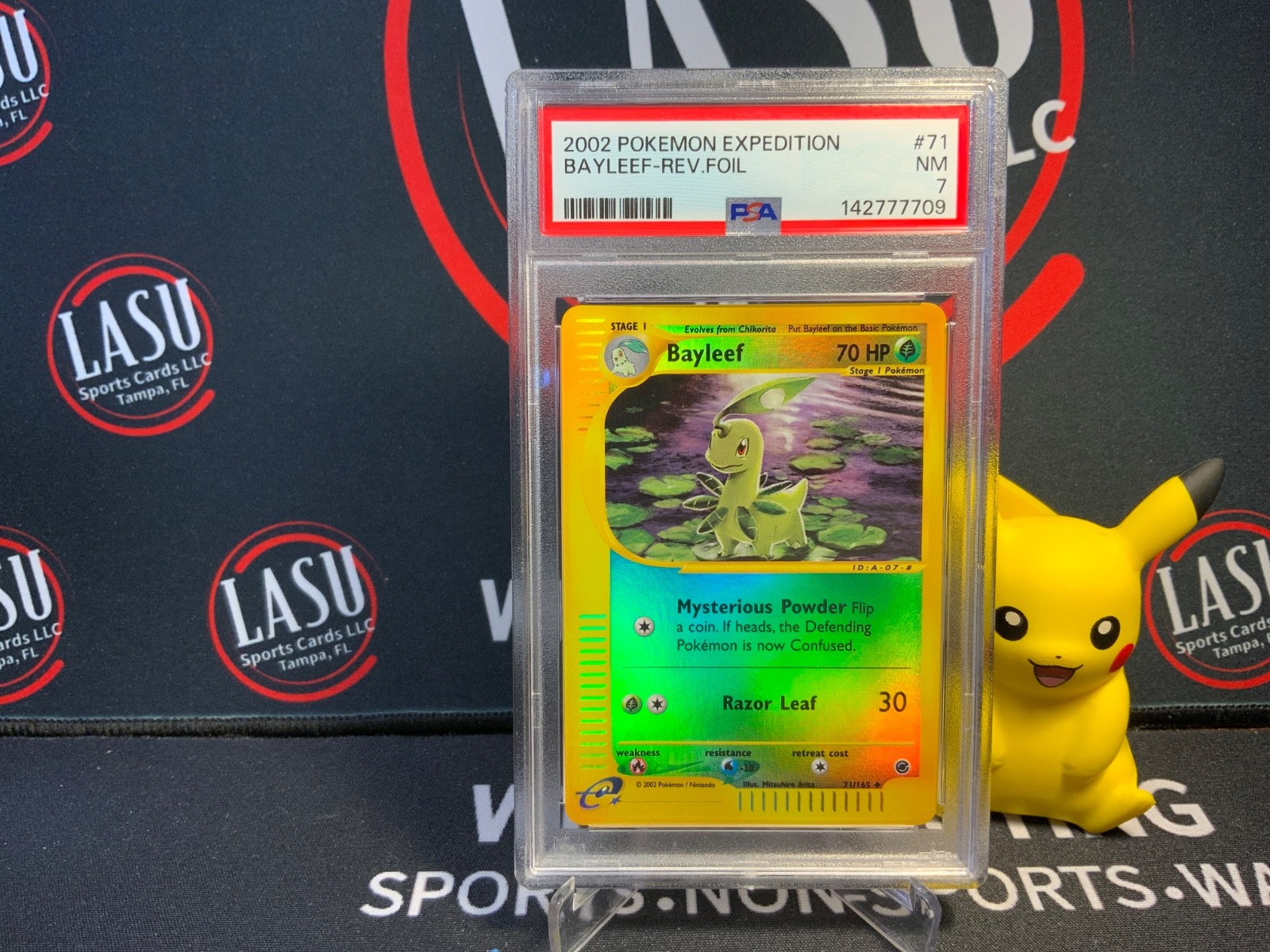 2002 POKEMON EXPEDITION #71 BAYLEEF-REVERSE FOIL PSA 7