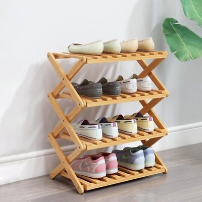 Portable Bamboo Shoe Rack: Foldable 4-Tier Organizer for Compact Living