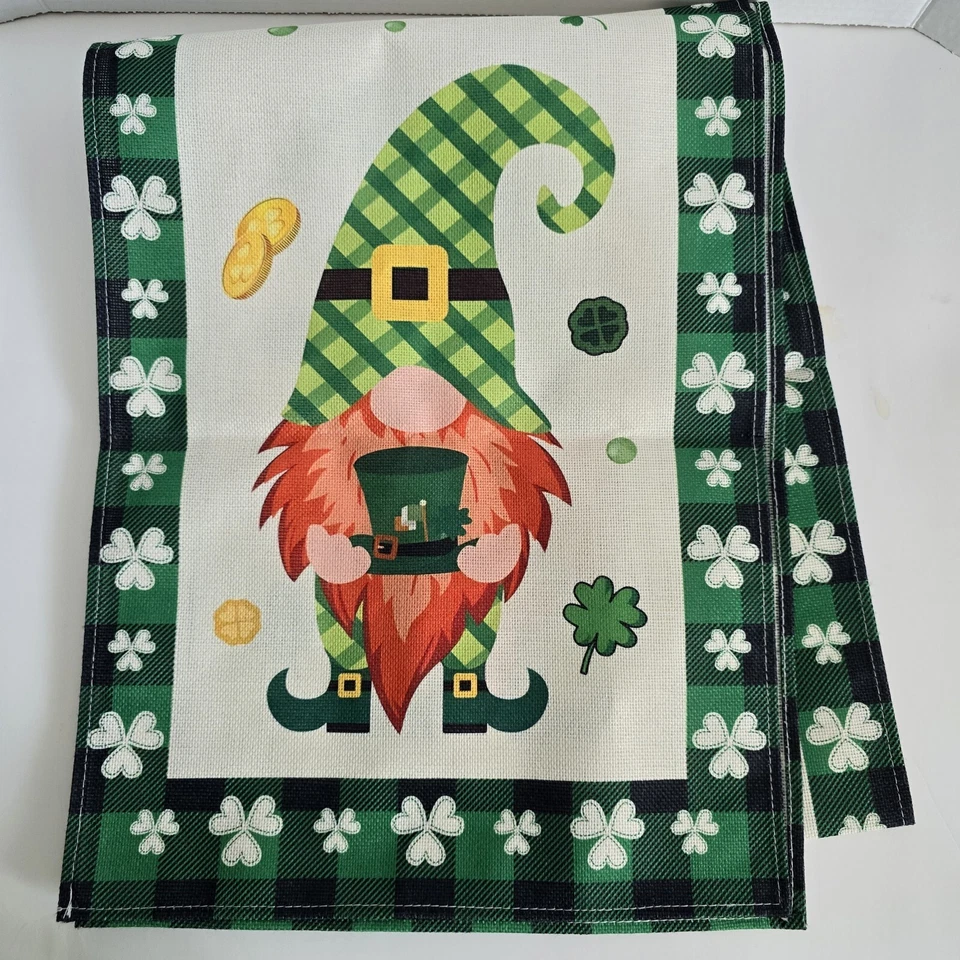 Happy St Patrick's Day Table Runner 13"x72" Gnome Leprechaun Green Shamrock - Image 2 of 4