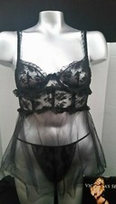Victoria's Secret Designer 3PC SET Black BABYDOLL, PANTY STOCKING 36B/L/C NWT