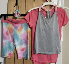 GIRLS BODY GLOVE 4 PIECE SHORTS SET SIZE 10 HAIR BAND, SHORTS AND 2 SHIRTS