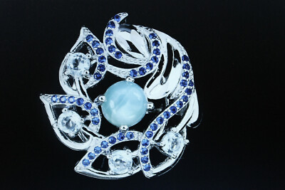  Pretty Cab 6mm Blue Larimar Blue Nano Sky Blue Topaz 925 Sterling Silver Ring