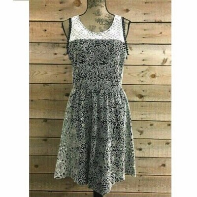 NEW Le Lis Black Ivory Rose Print Lace Trim Knit Dress Sleeveless Knee-Length L