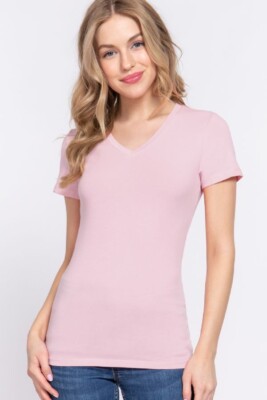 Women's V Neck Cotton Short Sleeve T-Shirt Slim Fit Soft Stretch Plain Basic Top