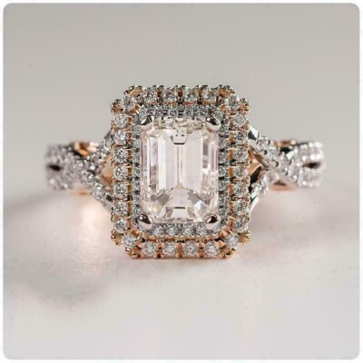 2Ct Emerald Simulated Diamond Art Deco Engagement Halo Ring Two Tone Gold Plated
