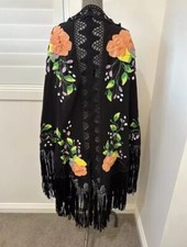 Vintage 60s 70s Cotton Mexican Piano Shawl Rebozo Flamenco Hand Painted Flowers 