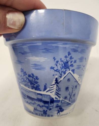 Vintage Currier & Ives The Farmers Home In Winter Ceramic Planter Pot Blue White - Picture 1 of 11