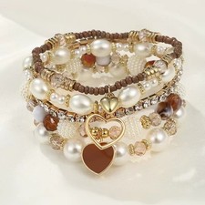 Women'S 5pcs Multi-Layer Imitation Pearl Mixed Color Heart Bracelet Set Gifts 