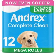 Image of Andrex Complete Clean 12 Mega Toilet Rolls= 18 Standard Toilet Rolls, 50% Longer