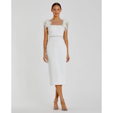 Mac Duggal White Feather Cap Sleeve Pearl Embellished Tea-length Dress $598 Sz 4