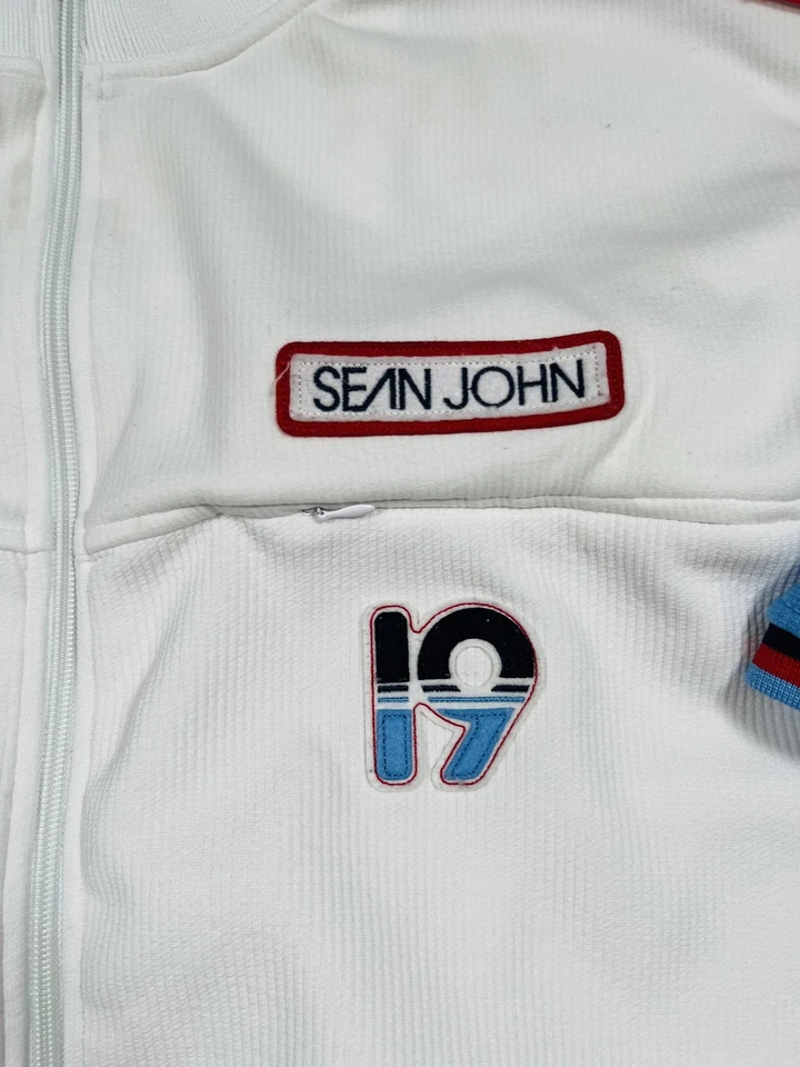 Chaqueta Sean John Para Hombre 3XL Blanca Azul Manga Corta Cremallera Completa Pista Retro Foto 4 de 4