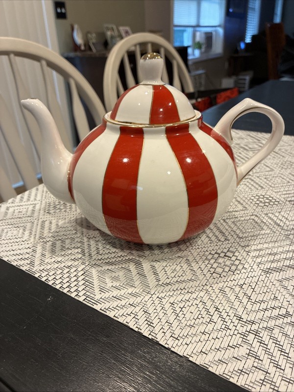 Bella Lux Holiday Collection Red White and Gold Teapot Striped