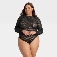 Women's Shadow Floral Lace Longsleeve Lingerie Bodysuit - Auden™ Black 1X