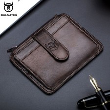 BULLCAPTAIN Men's Genuine Leather Slim RFID Zipper Card Holder Wallet