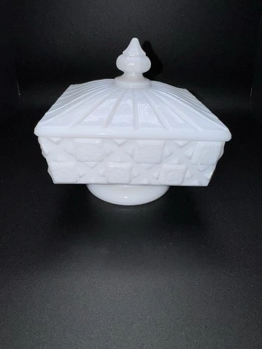 Westmoreland Milk Glass Square Pedestal Candy Dish With Lid - Old Quilt Pattern