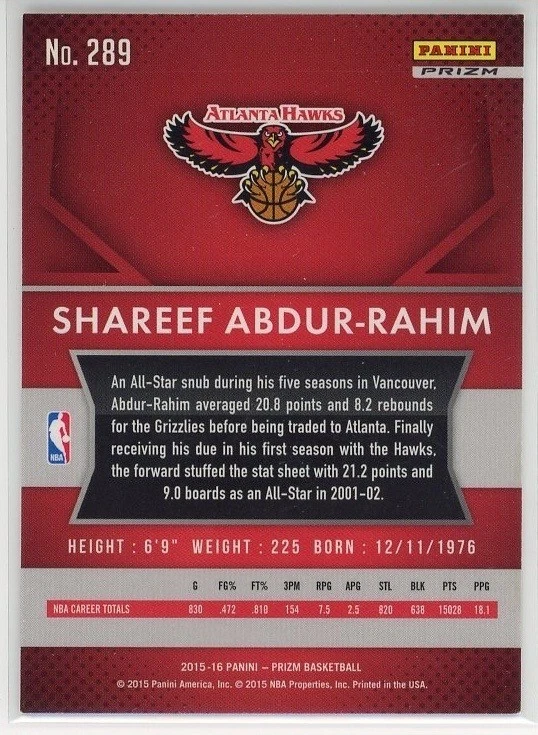 2015-16 Prizm #289 Shareef Abdur-Rahim Red, White & Blue Prizms Atlanta Hawks - Image 2 of 2