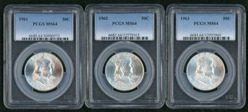 1961, 1962, 1963, Franklin 50c PCGS MS64 Lot of 3