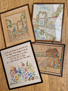 4 vintage 1930s framed embroidered panels cottage garden florals