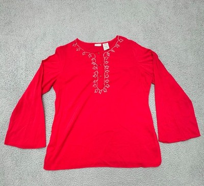 White Stag Womens Rhinestone Embellishment Bell Sleeves Tunic Top Red Size L