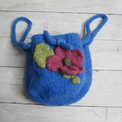 Handmade Vintage Felted Wool Women's Cinch Sack Drawstring Bag Purse Boho Flower