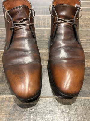 Italy Santoni Cognac Brown Antiqued Calfskin Leather Chukka Dress Boots - M8
