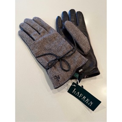 Lauren Ralph Lauren Herringbone Wool Gloves with Black Leather Trim