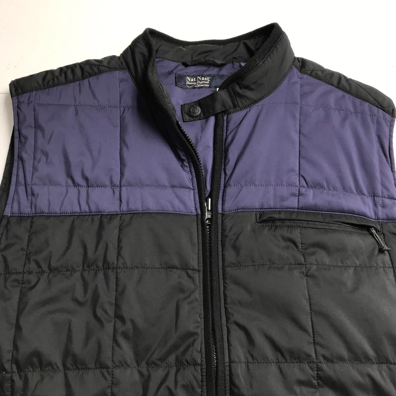 Nat Nast black and purple zip-up puffer vest, L