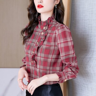 Lady Plaid Shirt Checked Blouse Button Down Work Stand Collar